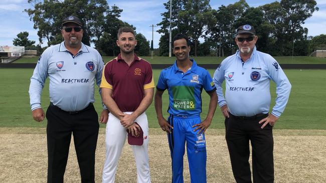 Umpire Dave Honeybrook, Clarence River captain Jake Kroehnert, Northern Districts captain Taj Dosanjh and umpire Dave Whitby ahead of the North Coast Premier League One-Day final at C.ex Coffs International Stadium on Sunday, 7th February, 2021.