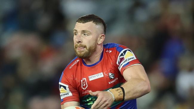 NEWCASTLE, AUSTRALIA - MAY 28: Jackson Hastings of the Knights with the ballduring the round 13 NRL match between Newcastle Knights and Manly Sea Eagles at McDonald Jones Stadium on May 28, 2023 in Newcastle, Australia. (Photo by Scott Gardiner/Getty Images)