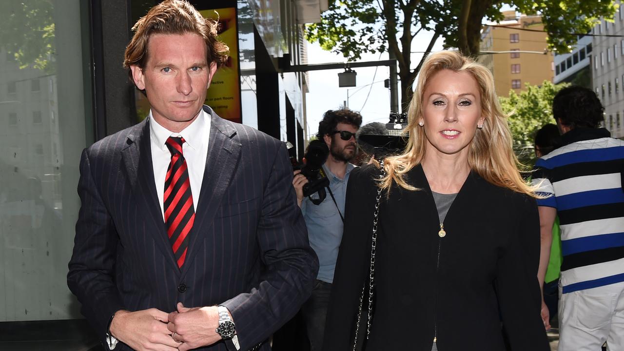 Essendon AFL coach James Hird (left) and wife Tania (right) leave at the Federal Court. AAP Image/Tracey Nearmy.