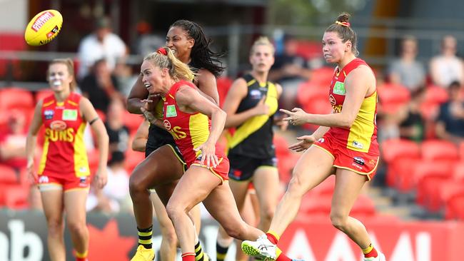 GOLD COAST, AUSTRALIA - FEBRUARY 15: Jade Pregelj of the Suns in action during the round 2 AFLW match between the Gold Coast Suns and the Richmond Tigers at Metricon Stadium on February 15, 2020 in Gold Coast, Australia. (Photo by Chris Hyde/AFL Photos/Getty Images)