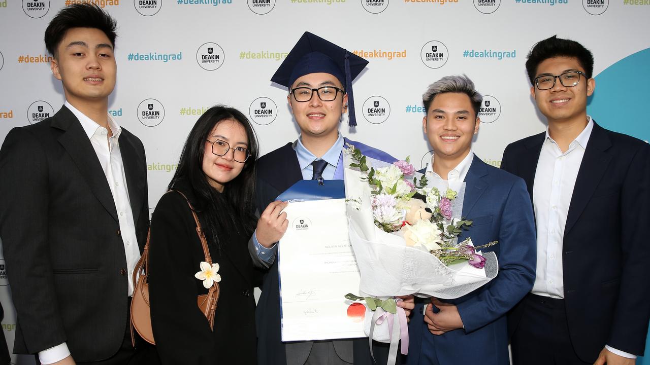 Minh Nguyen, Ha Anh Bui, Bach Luu, Quan Huynn and Nhan Nguyen. Deakin University post-graduation celebrations on Friday afternoon. Picture: Alan Barber