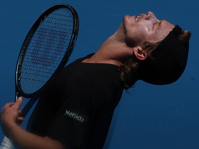 MELBOURNE , AUSTRALIA. January 14, 2024. Australian Open Tennis. Day 1.   Dane Sweeny vs Francisco Cerundolo.  Dane Sweeny reacts after having his serve broken late ion the 2nd set  . Pic: Michael Klein