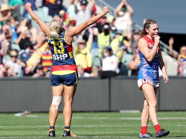 Crows champion Erin Phillips on the siren after winning the 2022 AFLW grand final over Melbourne. Picture: Getty Images