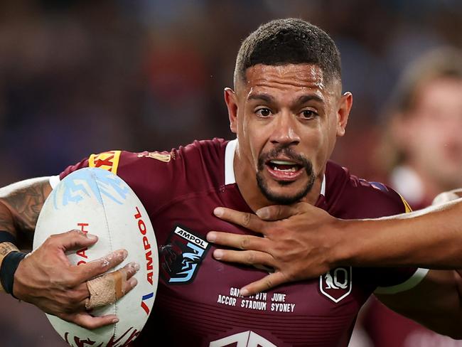 SYDNEY, AUSTRALIA - JUNE 08:  Dane Gagai of the Maroons is tackled by Jarome Luai of the Blues during game one of the 2022 State of Origin series between the New South Wales Blues and the Queensland Maroons at Accor Stadium on June 08, 2022, in Sydney, Australia. (Photo by Mark Kolbe/Getty Images)