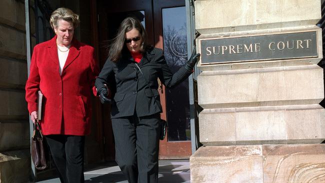 SA road accident survivor Kirstey Whicker with her speech therapist Jan Baker outside Supreme Court during civil damages case in 2001.