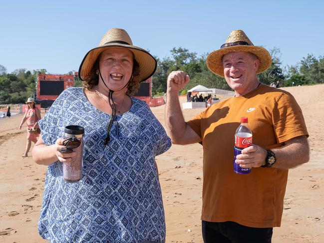 Tasmanian couple Kim Donaldson and Lincoln Donaldson secured a front-row seat for the Territory Day festivities at Mindil Beach in Darwin. Picture: Pema Tamang Pakhrin