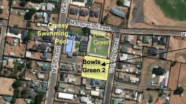 The bowling green to be rezoned and developed at Cressy Bowls &amp; Community Club. Picture: Woolcott Surveys