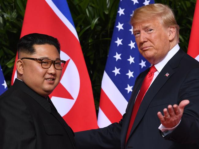 June 12, 2018: North Korean dictator Kim Jong-un meets US President Donald Trump. Picture: Saul Loeb/AFP