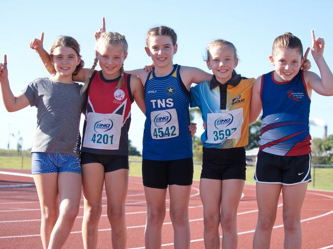 They are all winners, Milana Parfenyuk-Crowden, Peyton Smith, Maddie Searle, all of Townsville together with Tahlia McGilvray of Mackay and Sophie Place from Moranbah after the 100m sprint. Mackay Athletics Summer Series. November 20th, 2021. Picture: Marty Strecker