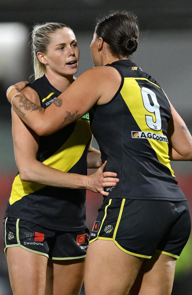 Katie Brennan (left) and Caitlin Greiser (right) have moved into different roles at times in Richmond’s forward line to keep opposition teams guessing. Picture: Quinn Rooney / Getty Images