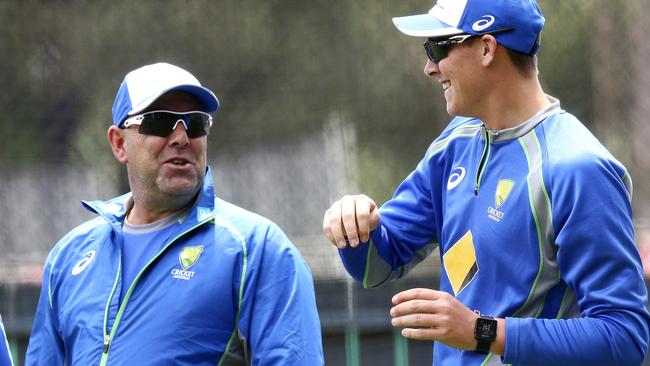 Coach Darren Lehmann talks to Matt Renshaw.