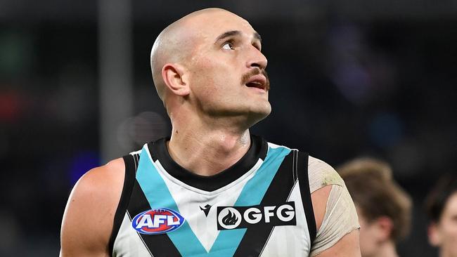 MELBOURNE, AUSTRALIA - JULY 15: Sam Powell-Pepper of the Power reacts following the 2023 AFL Round 18 match between the Carlton Blues and the Port Adelaide Power at Marvel Stadium on July 15, 2023 in Melbourne, Australia. (Photo by Morgan Hancock/AFL Photos via Getty Images)