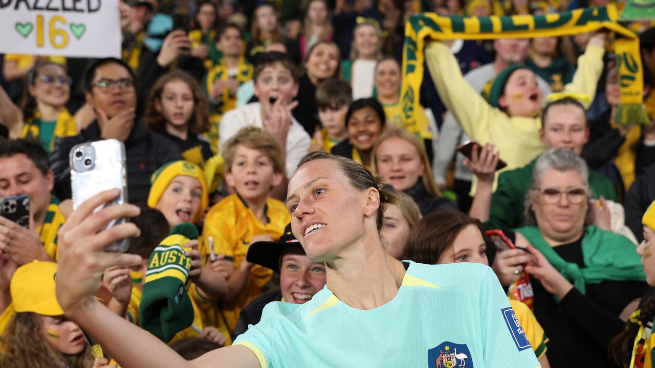 Emily Van-Egmond takes a selfie with fans after the 2023 FIFA Women's World Cup third place match against Sweden. Picture: Getty Images