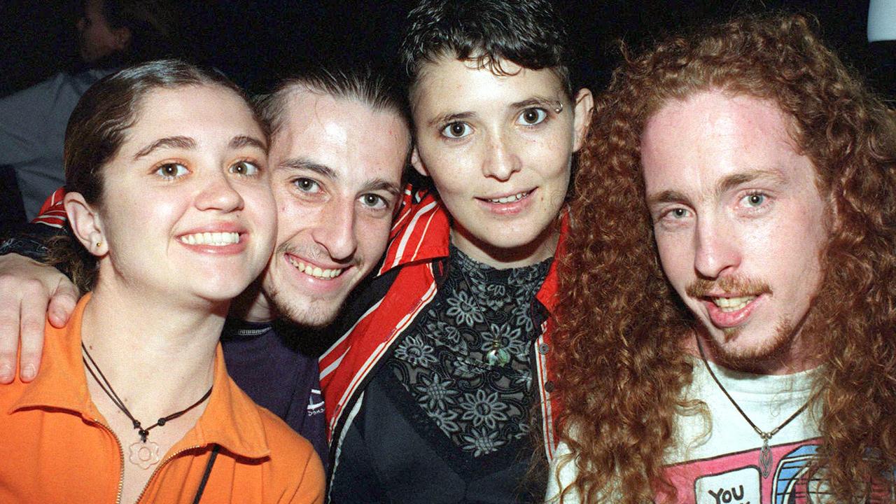 Mandy Nimmo, Luke Krause, Amanda Auguston and Josh Kingston at Blue Moose Nightclub, Mackay, 1999.