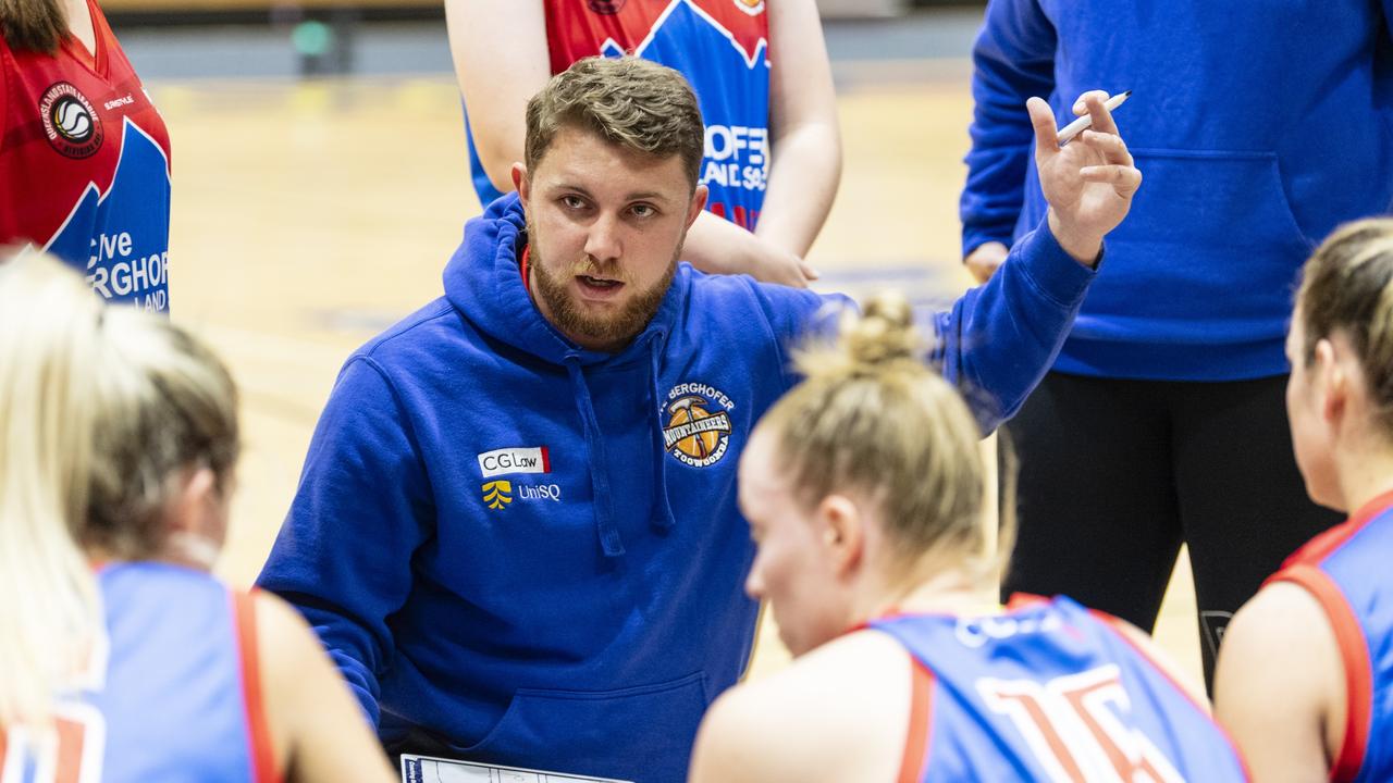 Toowoomba Mountaineers coach Matthew Cox during a break against Northside Wizards. Picture: Kevin Farmer