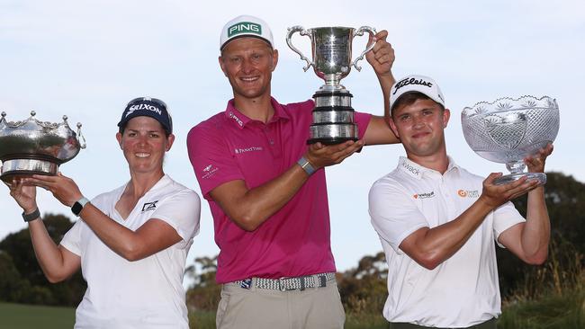 Mens winner Adrian Meronk, Womens winner Ashleigh Buhai and all abilities winner Kipp Popert Picture by Michael Klein