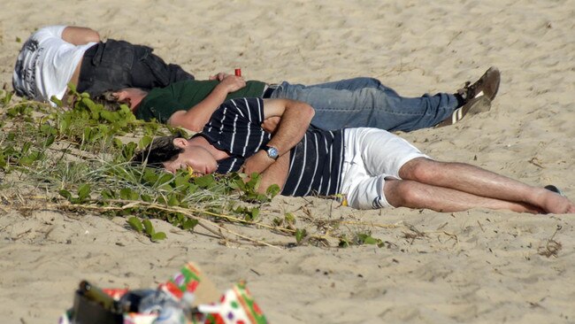 Revellers asleep on Mooloolaba beach in 2007. Picture: John Wilson