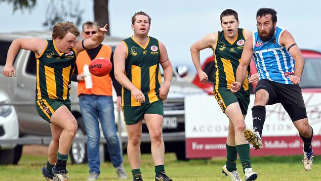 Action from a match between Balaklava and Mallala in 2017. The Peckers are considering switching leagues in 2021. Picture: Tom Huntley