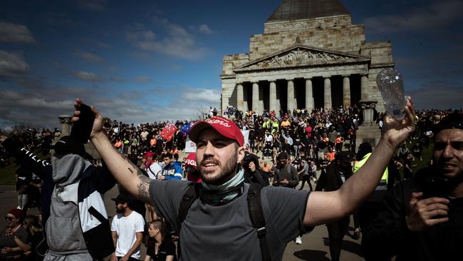 Protesters gather at the Shrine of Remembrance in Melbourne. Picture: Darrian Traynor/Getty Images