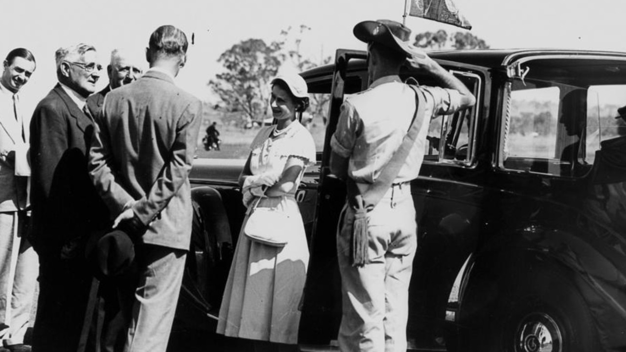 Queen Elizabeth II and Prince Philip arrive at the Oakey Airport in 1954.