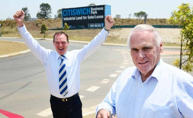 SITE UNVEILED: Lang Walker (right) of Walker Corporation and Ipswich Mayor Paul Pisasale open stage 2 of the Citiswich Business Park at Bundamba.