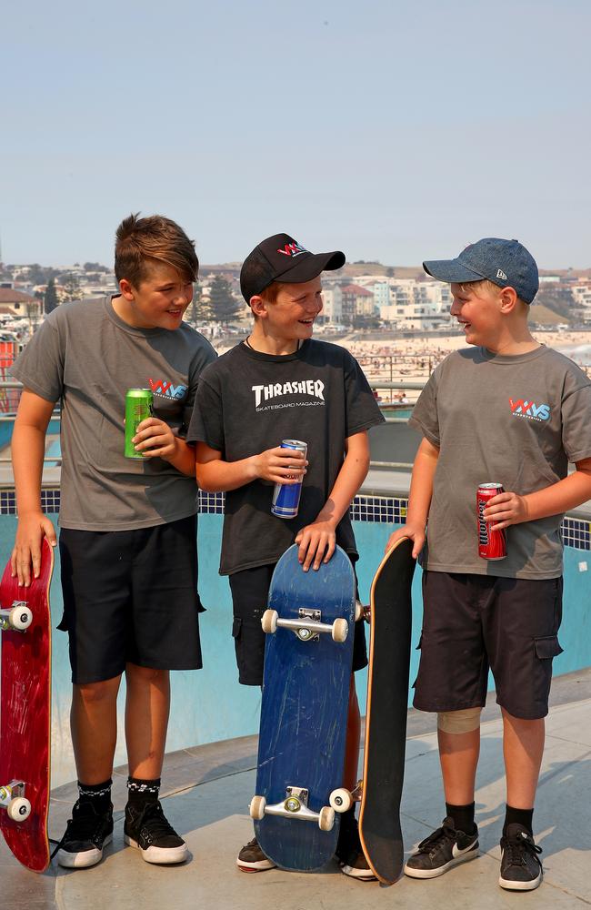 Luan O'Connor, Taj Burns and Jett Jones-Czechowski at Bondi Skate Park. Picture: Toby Zerna