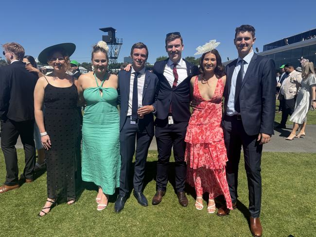 Elise Grant, Milla Potter, Lachy Marshall, Astin Bucci, Emma Roberts and Timothy Aumann at the Melbourne Cup at Flemington Racecourse on November 5, 2024. Picture: Phillippa Butt