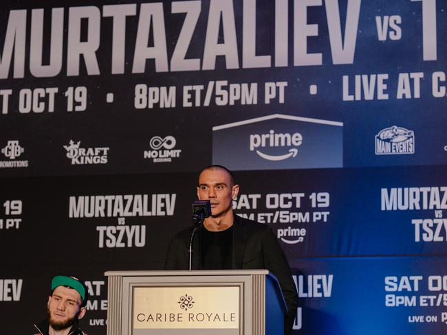 Tim Tszyu tees off at his weigh-in press conference. Picture: Johnny Garcia