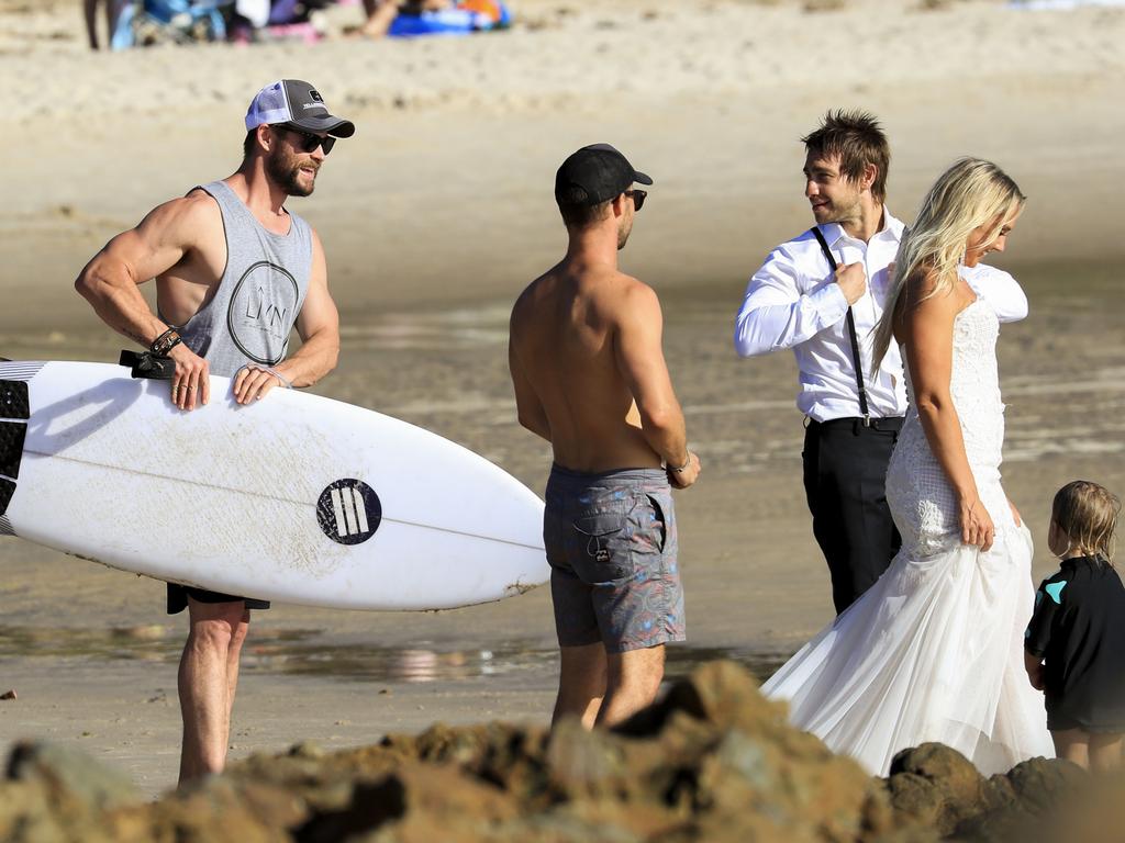 Chris Hemsworth and wife, Elsa Pataky, enjoy an afternoon at the beach in Byron Bay with their twin sons, Tristan and Sasha. <br/>3 March 2017. Picture: Media-Mode