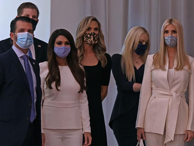 Donald Trump Jr., Eric Trump, Kimberly Guilfoyle, and Eric Trump's wife Lara Trump, along with Tiffany Trump and Ivanka Trump arrive for the debate. Picture: AFP