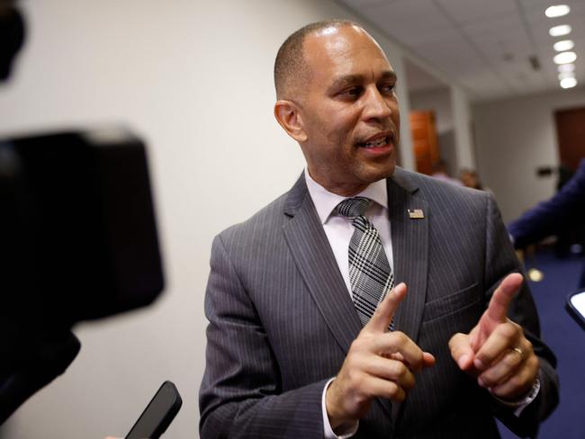 US House Minority Leader Hakeem Jeffries speaks to reporters as he leaves the meeting. Picture: Getty Images
