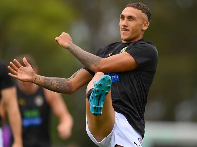 MELBOURNE, AUSTRALIA - FEBRUARY 18: Shai Bolton of the Tigers warms up ahead of an AFL practice match between Melbourne Demons and Richmond Tigers at Casey Fields on February 18, 2024 in Melbourne, Australia. (Photo by Morgan Hancock/Getty Images)