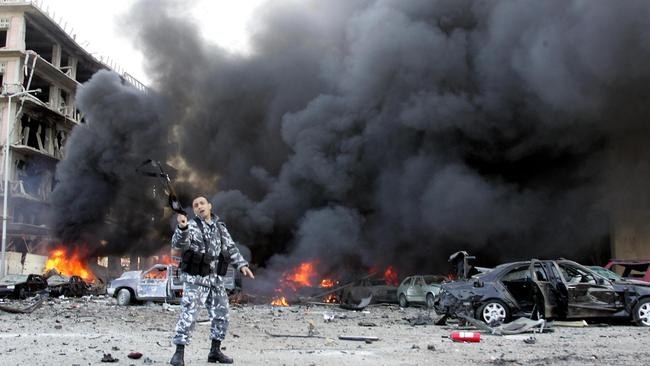 The immediate aftermath of the blast that killed Rafik Hariri on February 14, 2005. Picture: AFP