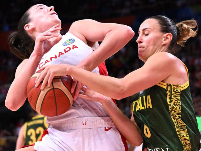 It’s been a physical battle between Canada and the Opals. Picture: AFP