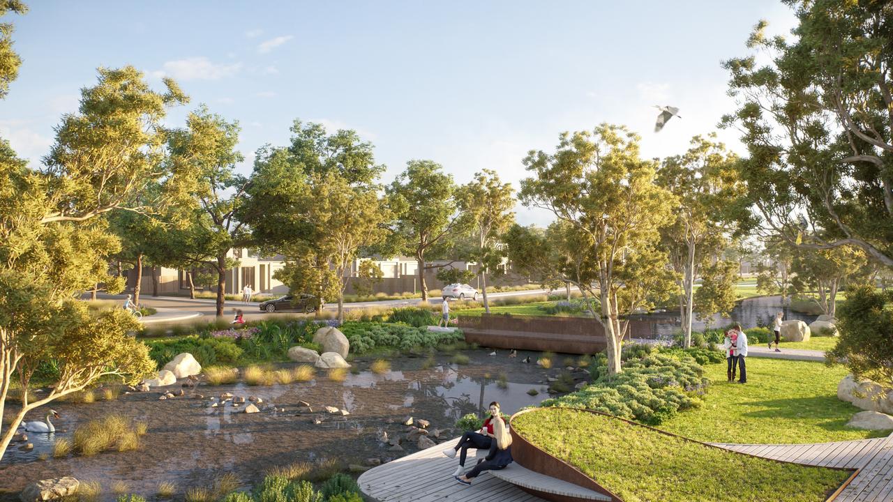 Artist’s impressions of the Austin Lara development at Lara West shows the main waterway through the estate.