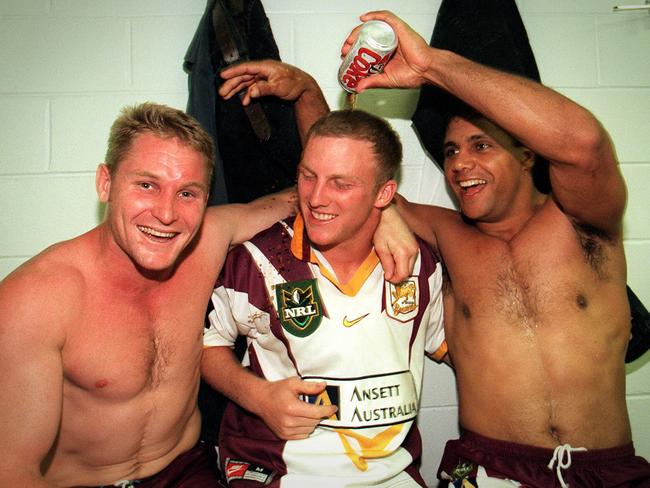 Max is the son of former Bronco John Plath (left), pictured here alongside Darren Lockyer and Steve Renouf in 1998.