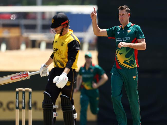 PERTH, AUSTRALIA - OCTOBER 25: Beau Webster of Tasmania celebrates the wicket of Cooper Connolly of Western Australia during the ODC match between Western Australia and Tasmania at WACA Ground, on October 25, 2024, in Perth, Australia. (Photo by Will Russell/Getty Images)