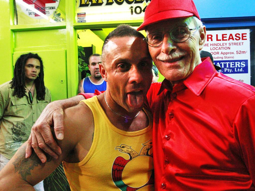 March 2009 - Vince Focarelli with his late father Giuseppe outside his old Hindley Street tattoo parlour.