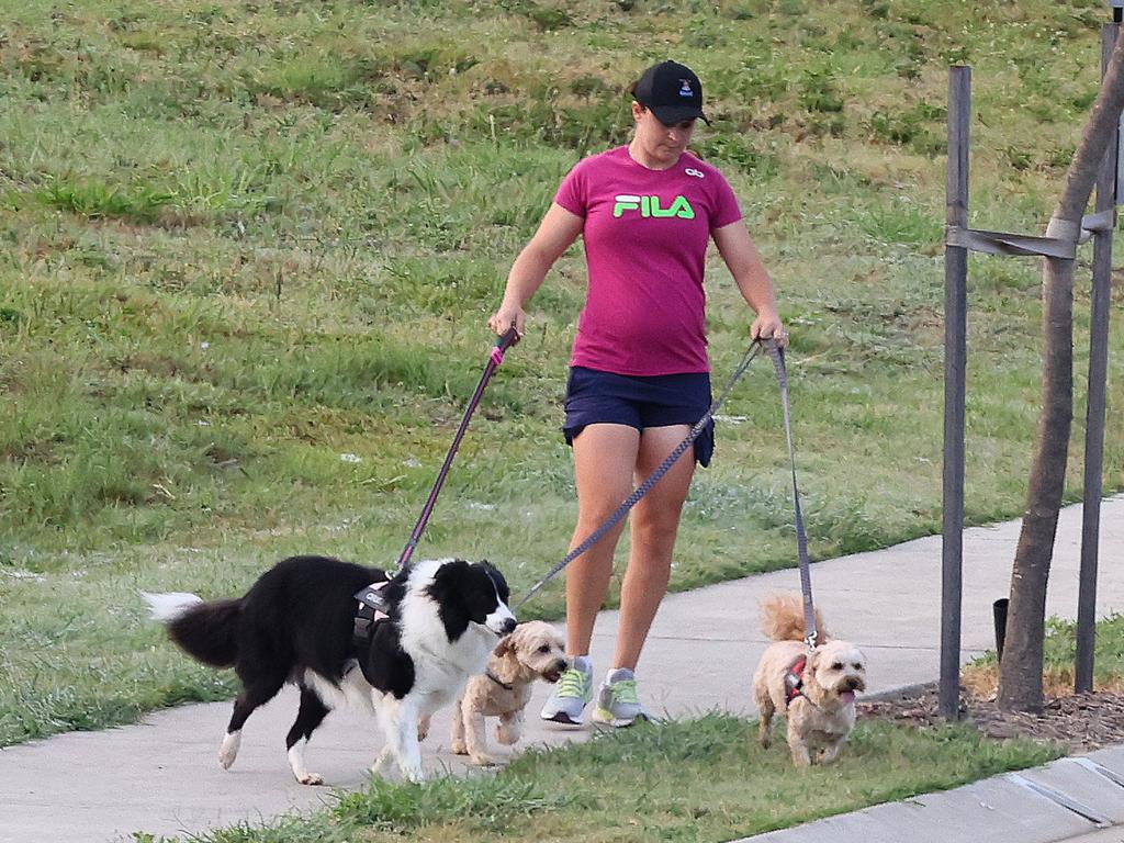 A pregnant Ash Barty takes her dogs for a morning walk near her home at Brookwater. (WP Media)