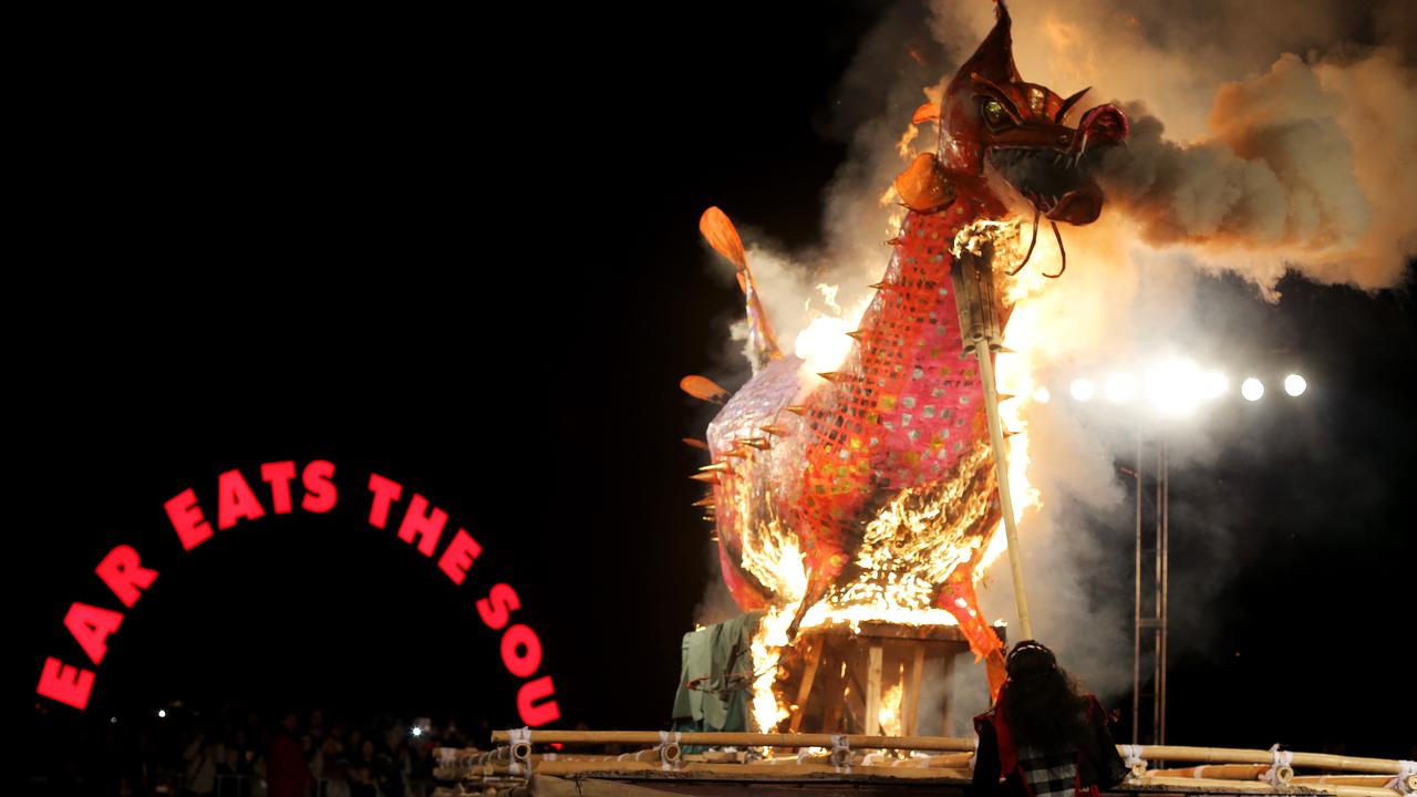 Dark Mofo: I Ketut Rina lights the Ogoh-Ogoh at Dark Park's "The Burning" Picture: LUKE BOWDEN