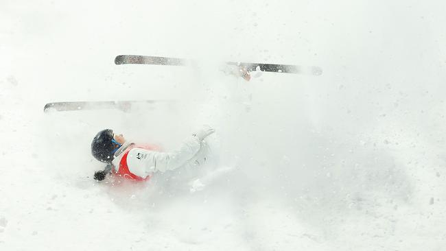 Laura Peel crashes during the Women's Freestyle Skiing Aerials Final. Picture: Getty