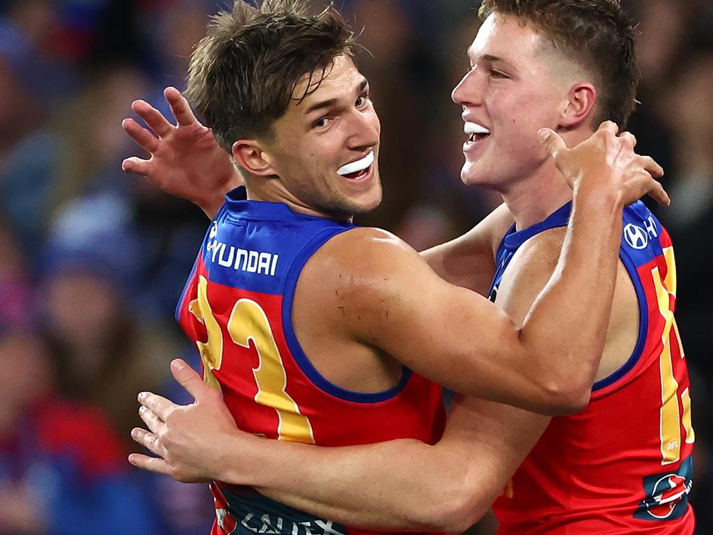 Zac Bailey and Logan Morris enjoy a Brisbane goal. Picture: Quinn Rooney/Getty Images