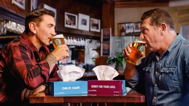 Mat Rogers (left) has partnered with NSW Rival Bryan Fletch (right) to secure Victoria Bitters Very Bitter Tissues to share with the losers of Origin game one on Wednesday. Picture: Supplied.