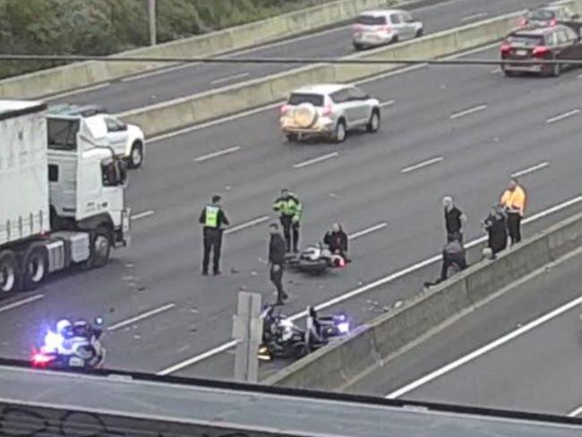 A police motorcycle collides with a motorbike rider on the Tullamarine Freeway. Picture: Facebook