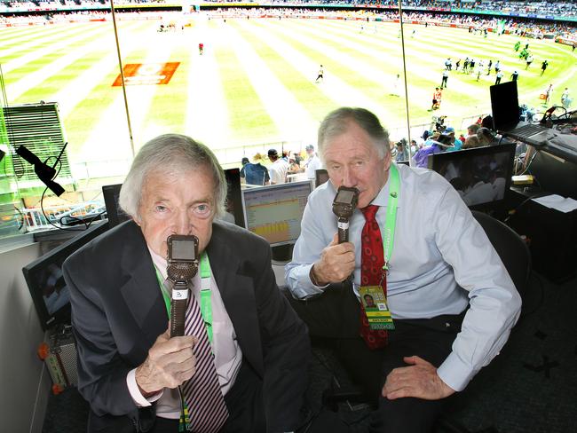 Richie Benaud and Ian Chappell at the Gabba. Picture: Annette Dew