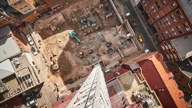 View of the Realm Adelaide apartment construction site on Austin Street taken from the tallest crane in Adelaide. Picture: AAP Image/Matt Loxton