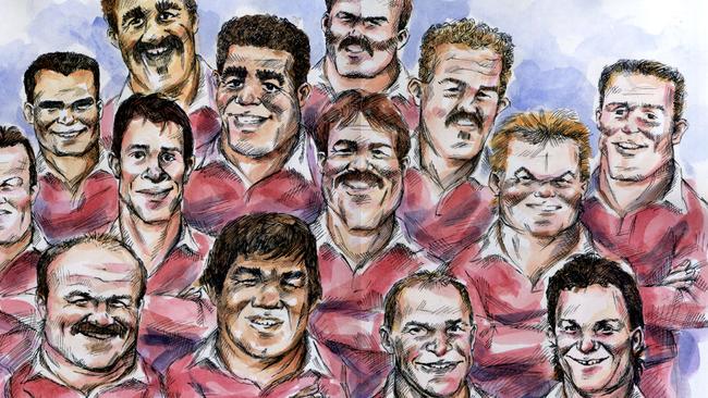 Artwork of Origin greats, including Paul Vautin, middle row, far right, and Gene Miles on his left.