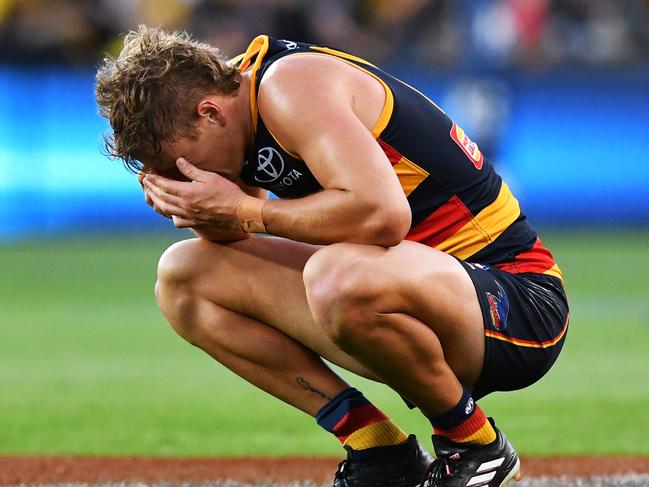 ADELAIDE, AUSTRALIA - MARCH 25: Jordan Dawson of the Crows at the final siren during the round two AFL match between Adelaide Crows and Richmond Tigers at Adelaide Oval, on March 25, 2023, in Adelaide, Australia. (Photo by Mark Brake/Getty Images)