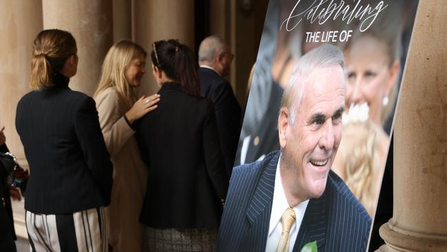 People arrive at the memorial service for Lang Walker at Sydney Town Hall on Friday. Picture: NCA NewsWire / Damian Shaw