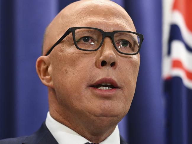 CANBERRA, AUSTRALIA - APRIL 5: Leader of the Opposition Peter Dutton and Deputy leader Sussan Ley address the media in the opposition party room. Federal Liberal MPs will campaign for a 